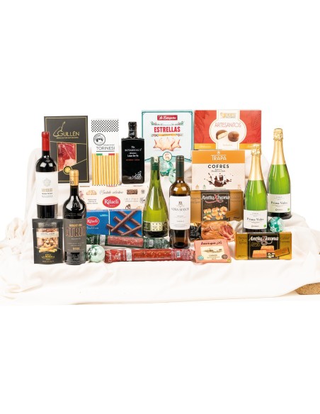Lote de Navidad para empresas con lomo Guillén, cava Codorniu y ginebra premiada
