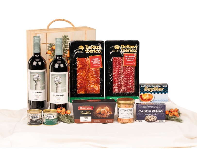 Surtido de Navidad Gourmet con Rioja GARDINGO en caja de madera