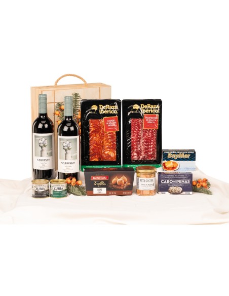 Surtido de Navidad Gourmet con Rioja GARDINGO en caja de madera