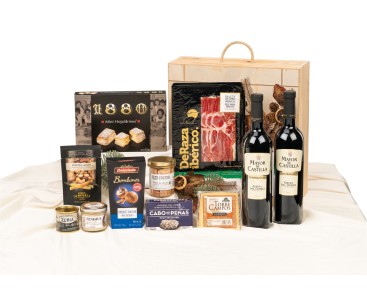 Surtido gourmet de Navidad con vino Ribera del Duero y caja de madera