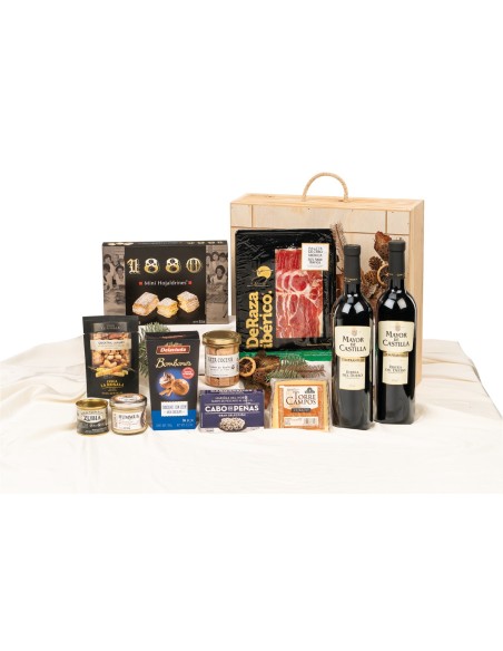 Surtido gourmet de Navidad con vino Ribera del Duero y caja de madera