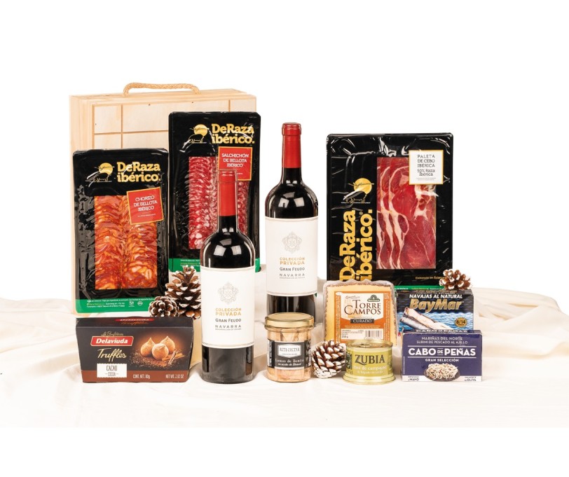 Surtido Navidad Gourmet DERAZA con vino D.O. Navarra en caja de madera