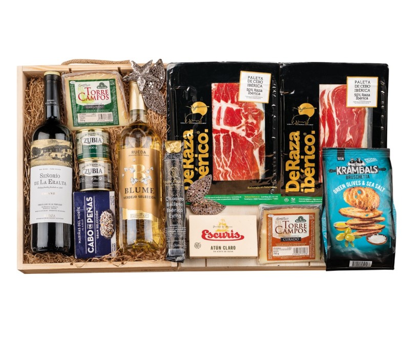 Surtido de Navidad Gourmet con ibéricos DERAZA en caja de madera