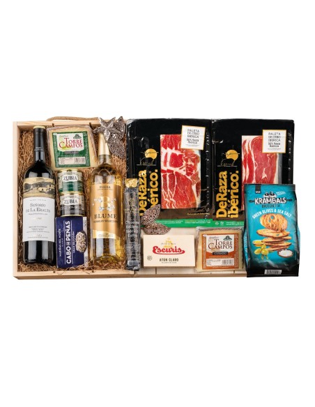 Surtido de Navidad Gourmet con ibéricos DERAZA en caja de madera