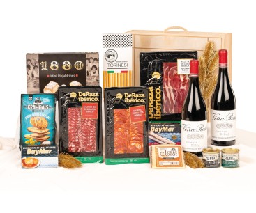 Surtido de Navidad Gourmet con vino VIÑA REAL Crianza e ibéricos DERAZA
