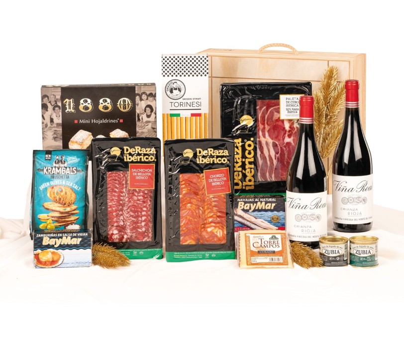 Surtido de Navidad Gourmet con vino VIÑA REAL Crianza e ibéricos DERAZA