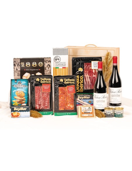 Surtido de Navidad Gourmet con vino VIÑA REAL Crianza e ibéricos DERAZA