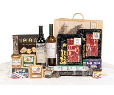 Surtido de Navidad Gourmet con ibéricos DERAZA en caja de madera