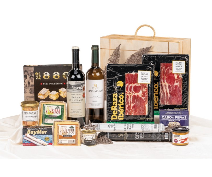 Surtido de Navidad Gourmet con ibéricos DERAZA en caja de madera