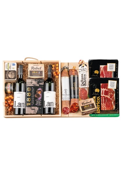 Surtido de Navidad Gourmet con Rioja LAN Reserva y productos ibéricos.