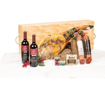 Surtido de navidad con paleta JAMONERÍA REAL en caja de madera.