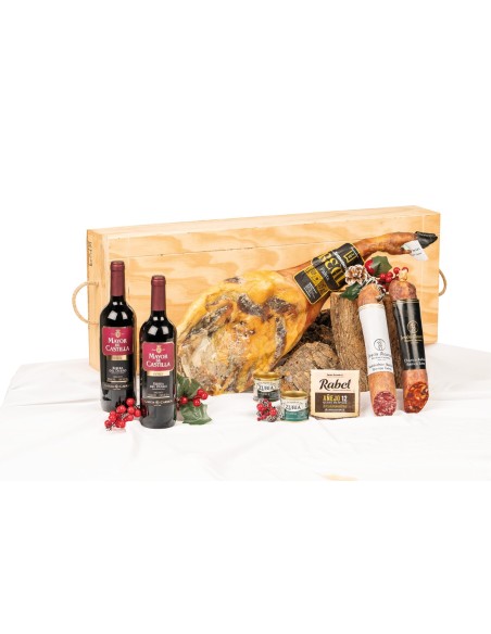 Surtido de navidad con paleta JAMONERÍA REAL en caja de madera.