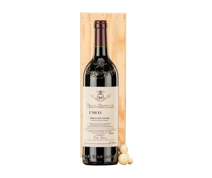 Botella de vino Vega Sicilia Único Ribera del Duero en caja de madera natural individual