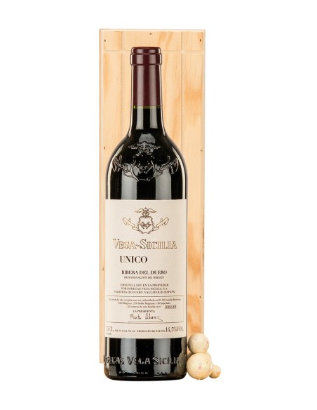 Botella de vino Vega Sicilia Único Ribera del Duero en caja de madera natural individual