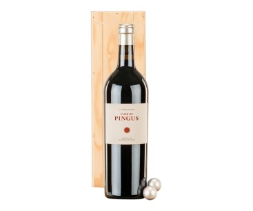 Botella de vino Flor de Pingus Ribera del Duero en caja de madera natural