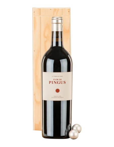 Botella de vino Flor de Pingus Ribera del Duero en caja de madera natural