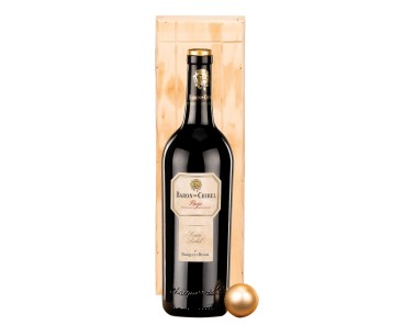 Botella de vino Barón de Chirel Reserva Marqués de Riscal en caja de madera