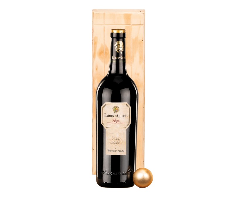 Botella de vino Barón de Chirel Reserva Marqués de Riscal en caja de madera
