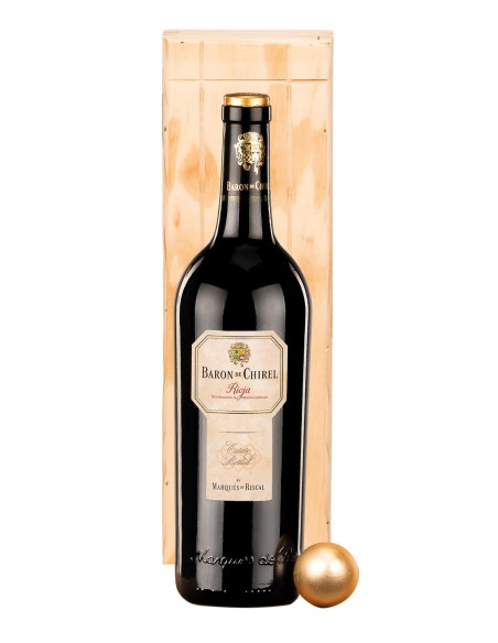 Botella de vino Barón de Chirel Reserva Marqués de Riscal en caja de madera