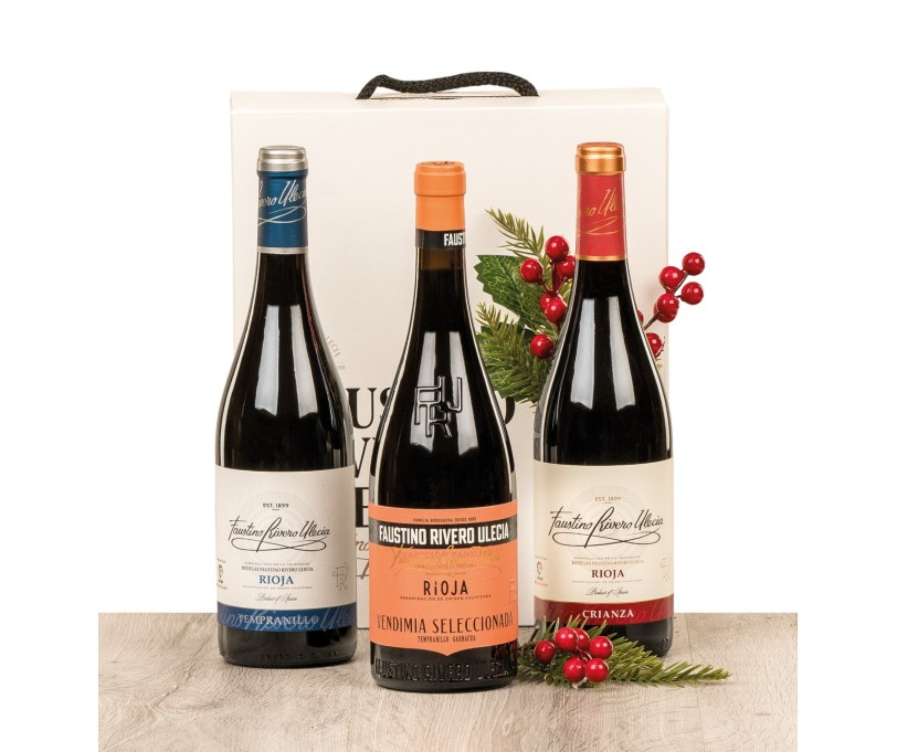 Estuche lujo con 3 botellas de vino Rioja Faustino Rivero selección variada