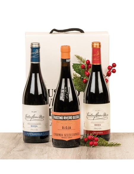 Estuche lujo con 3 botellas de vino Rioja Faustino Rivero selección variada