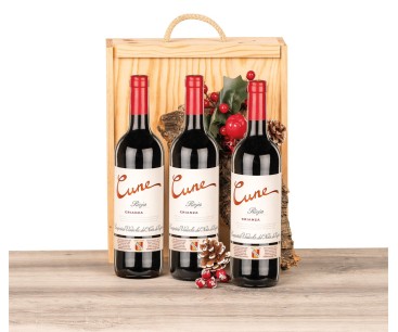 Estuche lujo con 3 botellas de vino Rioja Cune Crianza de Bodegas CVNE