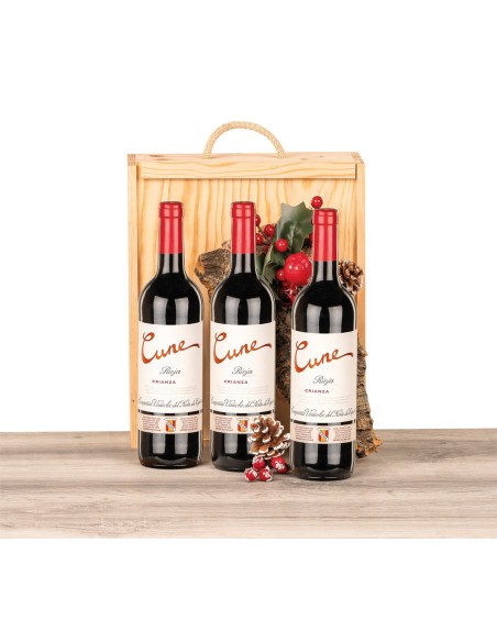 Estuche lujo con 3 botellas de vino Rioja Cune Crianza de Bodegas CVNE