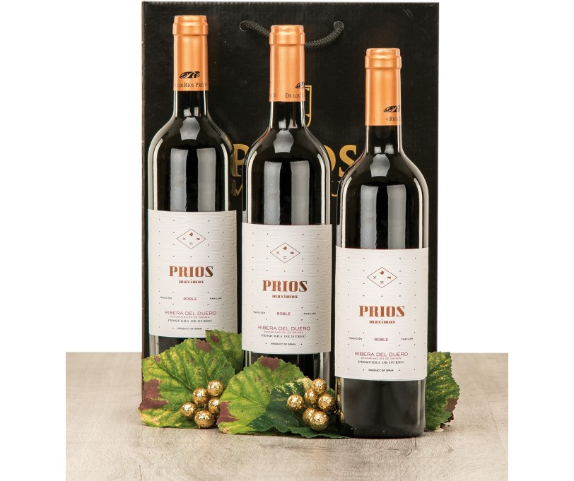 Estuche lujo con 3 botellas de vino Ribera Prios Maximus Roble Pesquera