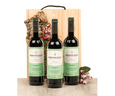 Caja de madera natural con 3 botellas de Rioja Montecillo Reserva