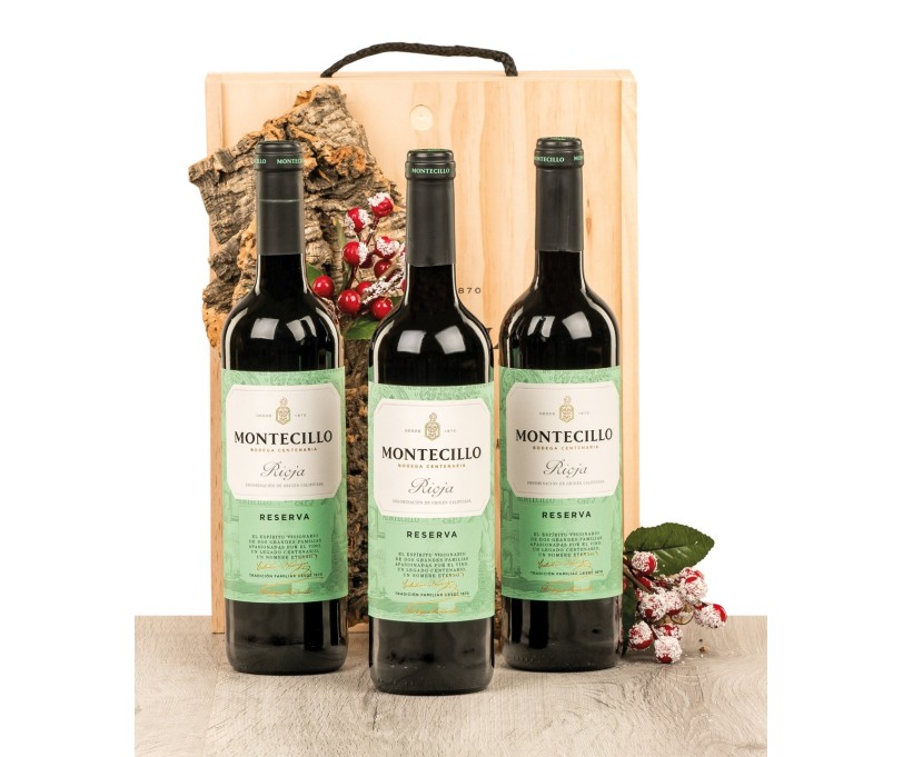 Caja de madera natural con 3 botellas de Rioja Montecillo Reserva