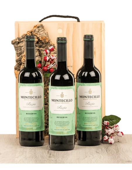 Caja de madera natural con 3 botellas de Rioja Montecillo Reserva