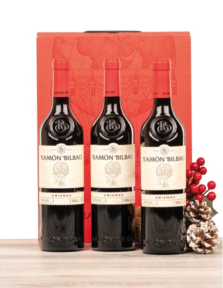 Estuche lujo con 3 botellas de vino Rioja Ramón Bilbao Crianza