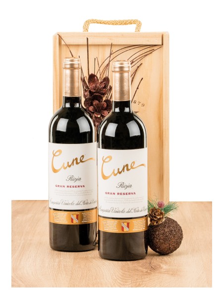 Caja de madera natural con 2 botellas de Rioja Cune Gran Reserva CVNE