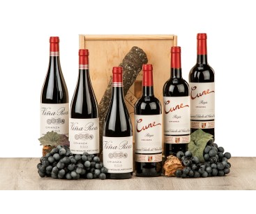 Caja de madera natural con 6 botellas selección Cune y Viña Real CVNE
