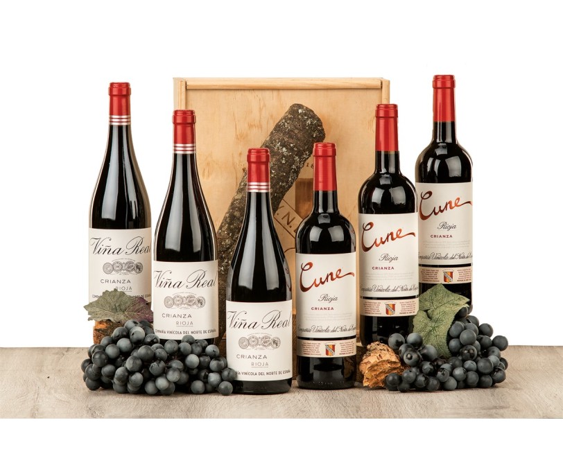 Caja de madera natural con 6 botellas selección Cune y Viña Real CVNE