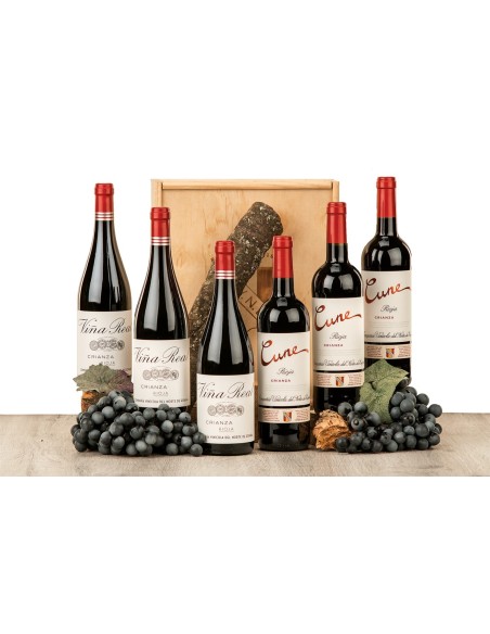 Caja de madera natural con 6 botellas selección Cune y Viña Real CVNE