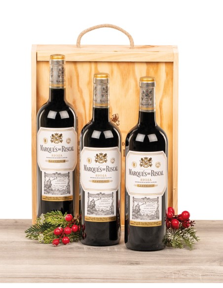Caja de madera natural con 3 botellas de Rioja Marqués de Riscal Reserva