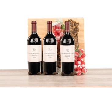 Caja de madera natural con 3 botellas de Ribera Pago de los Capellanes Crianza