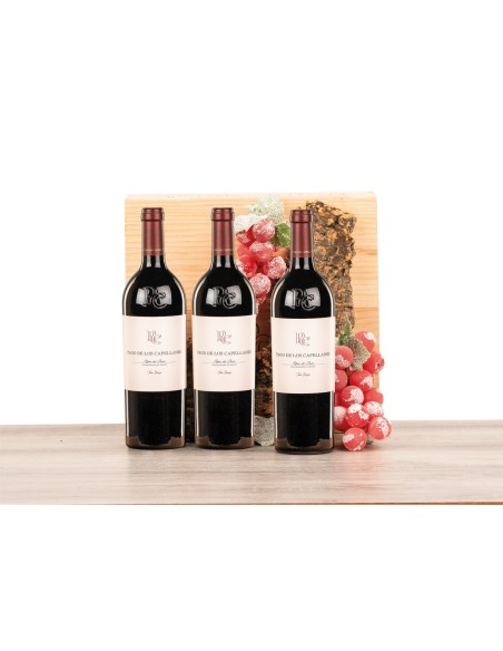 Caja de madera natural con 3 botellas de Ribera Pago de los Capellanes Crianza