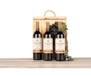 Caja de madera natural con 3 botellas de Rioja Contino Reserva CVNE