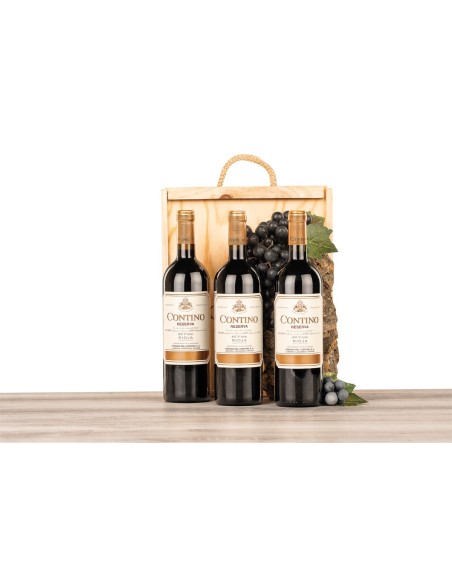 Caja de madera natural con 3 botellas de Rioja Contino Reserva CVNE