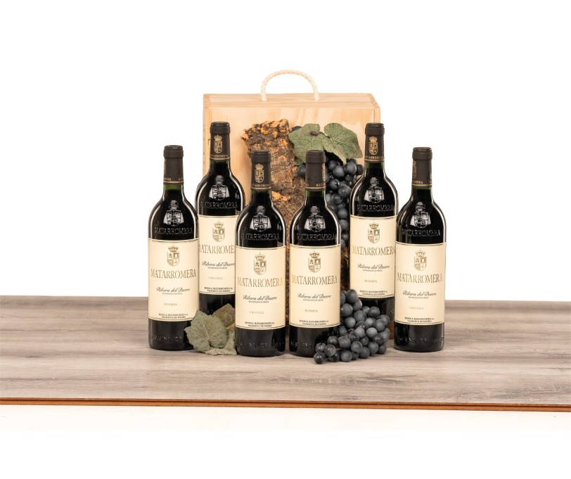 Caja de madera natural con 6 botellas selección Matarromera Crianza y Reserva