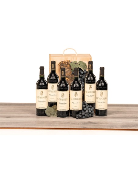 Caja de madera natural con 6 botellas selección Matarromera Crianza y Reserva