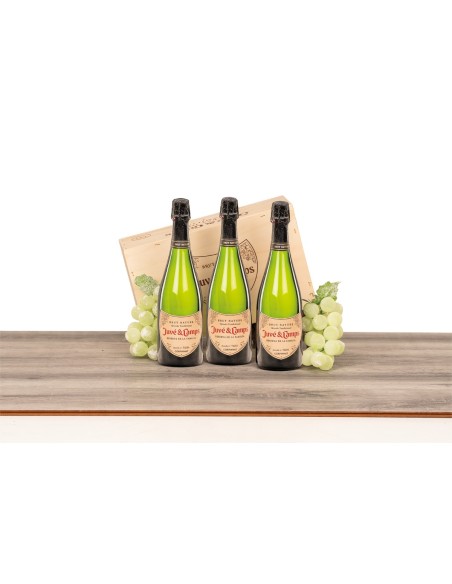 Caja de madera natural con 3 botellas de espumoso Juvé & Camps Reserva Familia