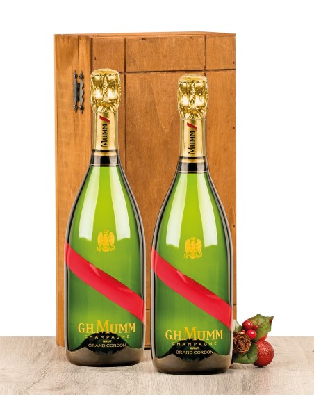Caja de madera color avellana Alta Selección con 2 botellas Champagne G.H. Mumm