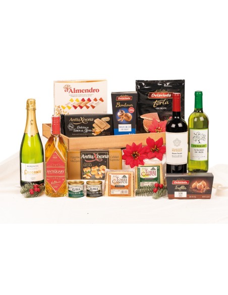 Bandeja rústica de madera color nogal con cava Codorniu y whisky Antiquary para empresas