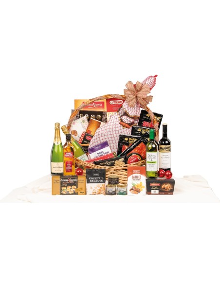 Cesta arco alto HORECA con paleta Llorente Gran Reserva y whisky Hankey Bannister premiado SFWSC