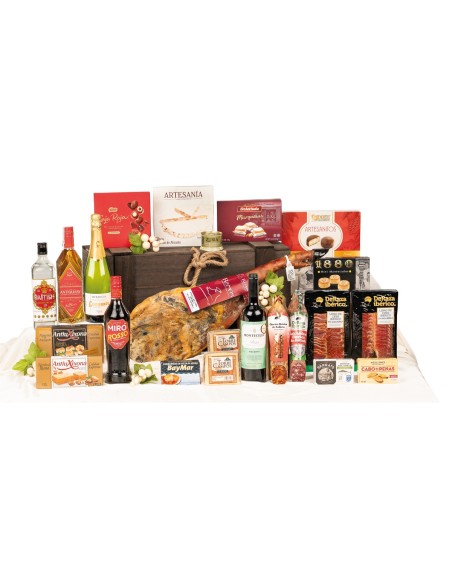 Baúl de madera rústico con cuerdas, paleta ibérica Ramos y ginebra British Premium CWSA