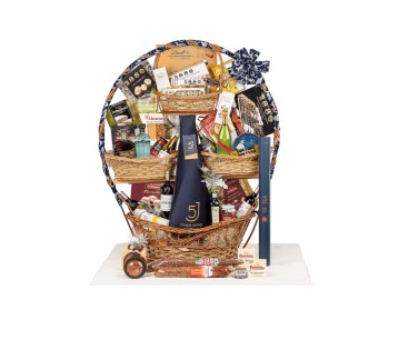 Cesta gigante de cuatro pisos con jamón Cinco Jotas, champagne Mumm y selección gourmet lujo