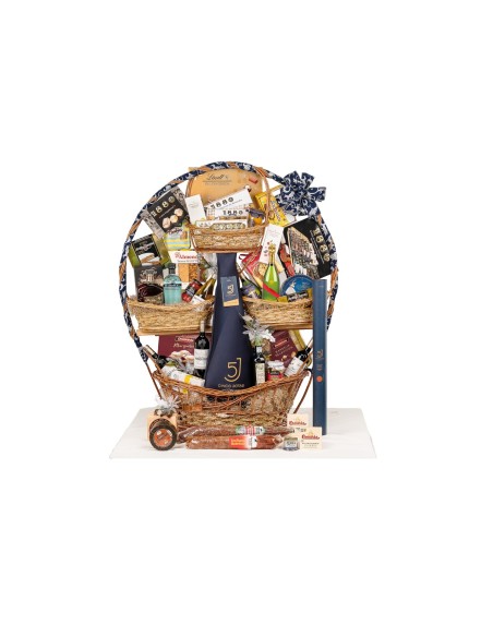 Cesta gigante de cuatro pisos con jamón Cinco Jotas, champagne Mumm y selección gourmet lujo